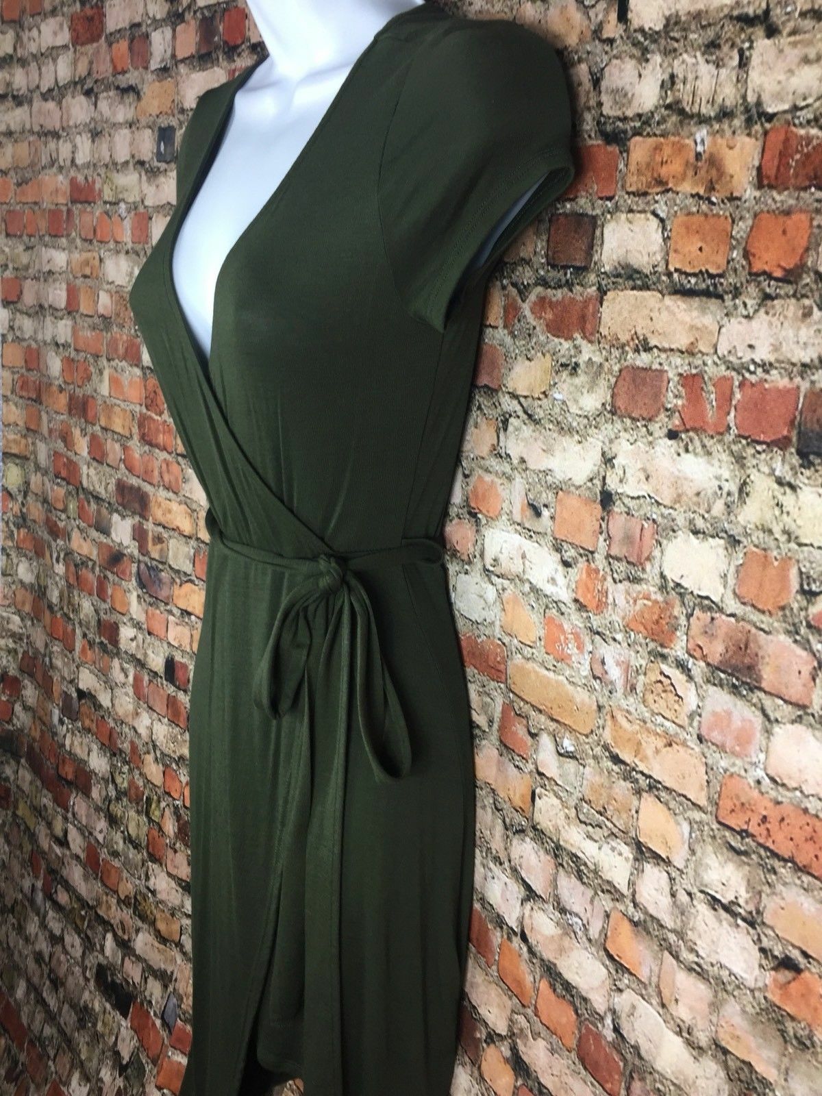 Poetry Asymmetrical Mini Wrap Dress Olive Green Stretch Soft V Neck Vintage New