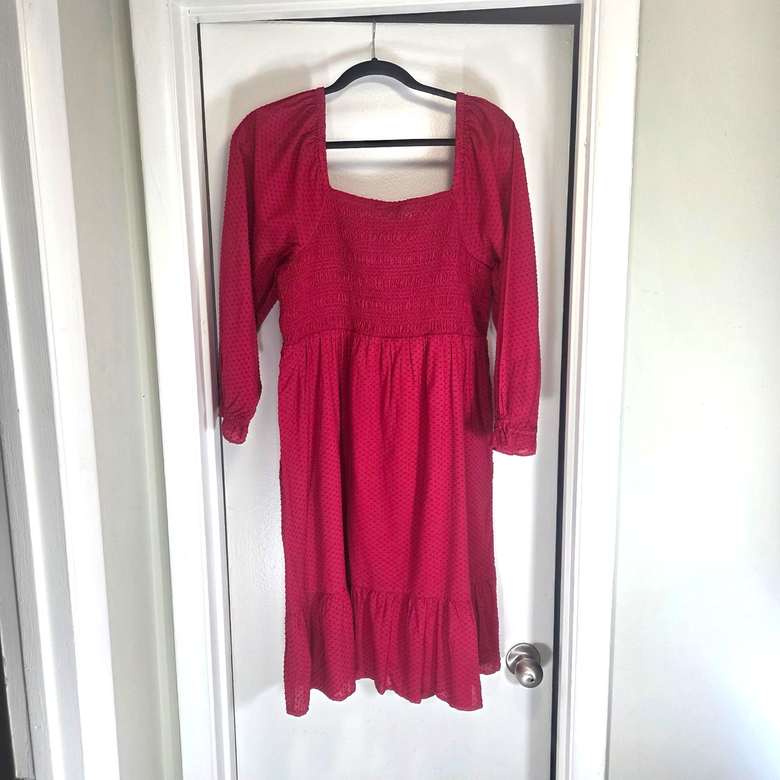 J. Crew Smocked Clip Dot Long Puff Sleeve Mini Dress Red Raspberry Size L