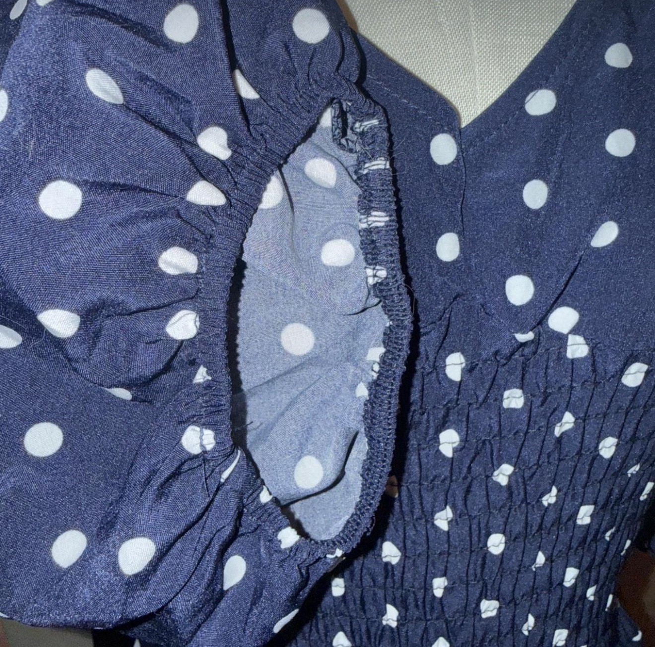 Polka Dot Navy & White Jumper Ruched Waist Tie Back Size Small To Medium