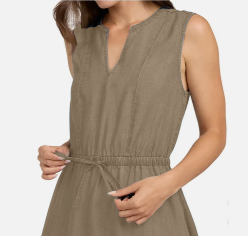 NWT Lands’ End Women’s Small Rayon Midi Dress Tiered Elastic Waist Tan V-Neck