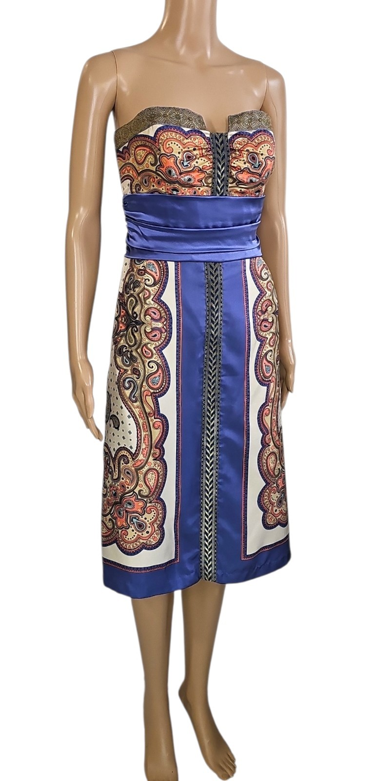 NICOLE MILLER COLLECTION Silk Multicolor Paisley Strapless A Line Dress 10