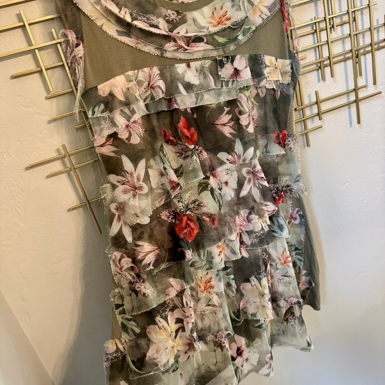 Fleur de Lis XL Tiered Floral Mesh Midi Dress Raw Edge Boho Cottagecore