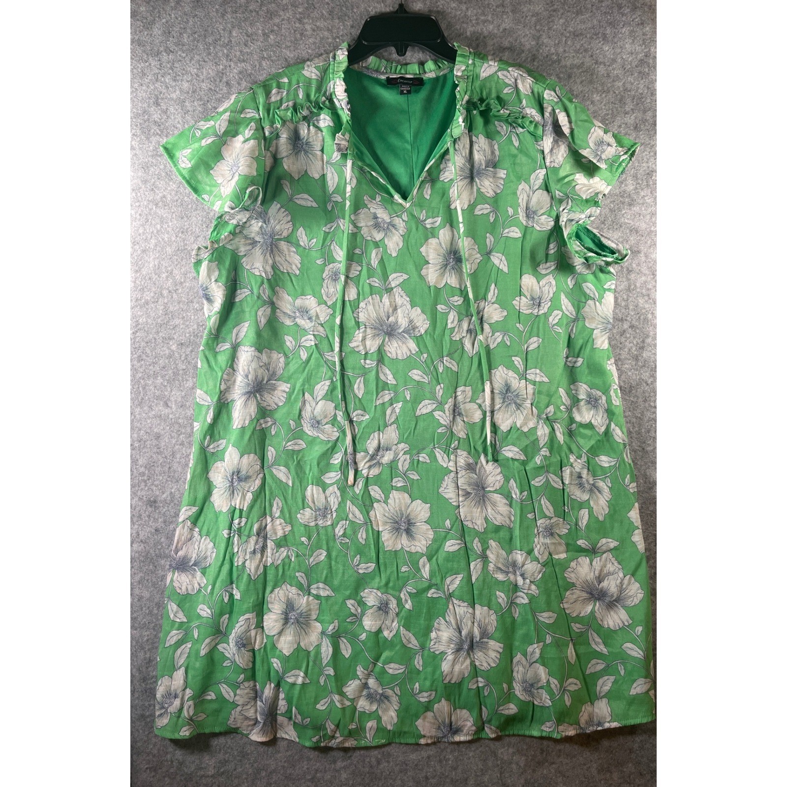 Cocomo Green Floral Mini Dress XL Cap Sleeve Ruffle Neck Tie Front Lined Boho