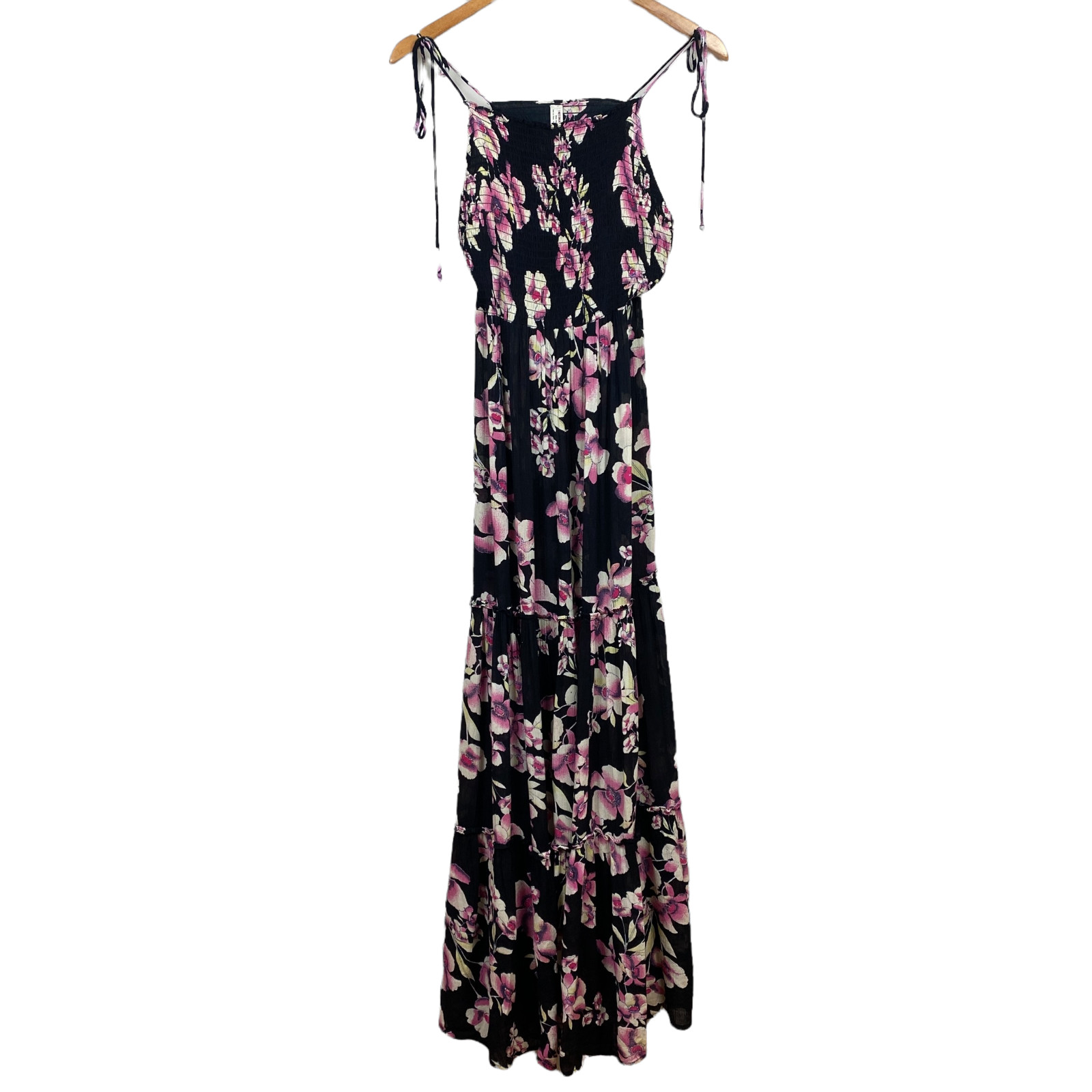 Free People Intimately Maxi Dress S Black Pink Tie Garden Party Floral Smocked