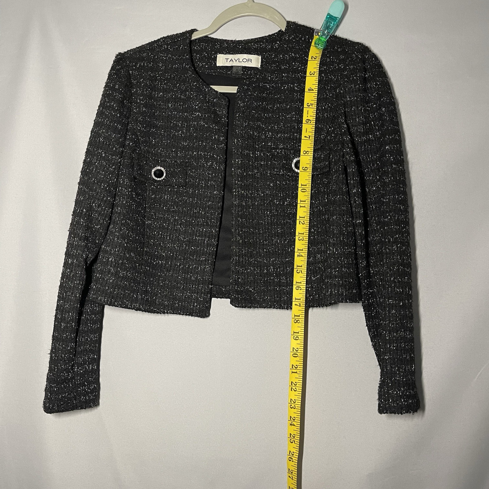 Taylor 2Pc Jacket/Shift Dress Set Size 6 Black Metallic Tweed Flounce Hem Money