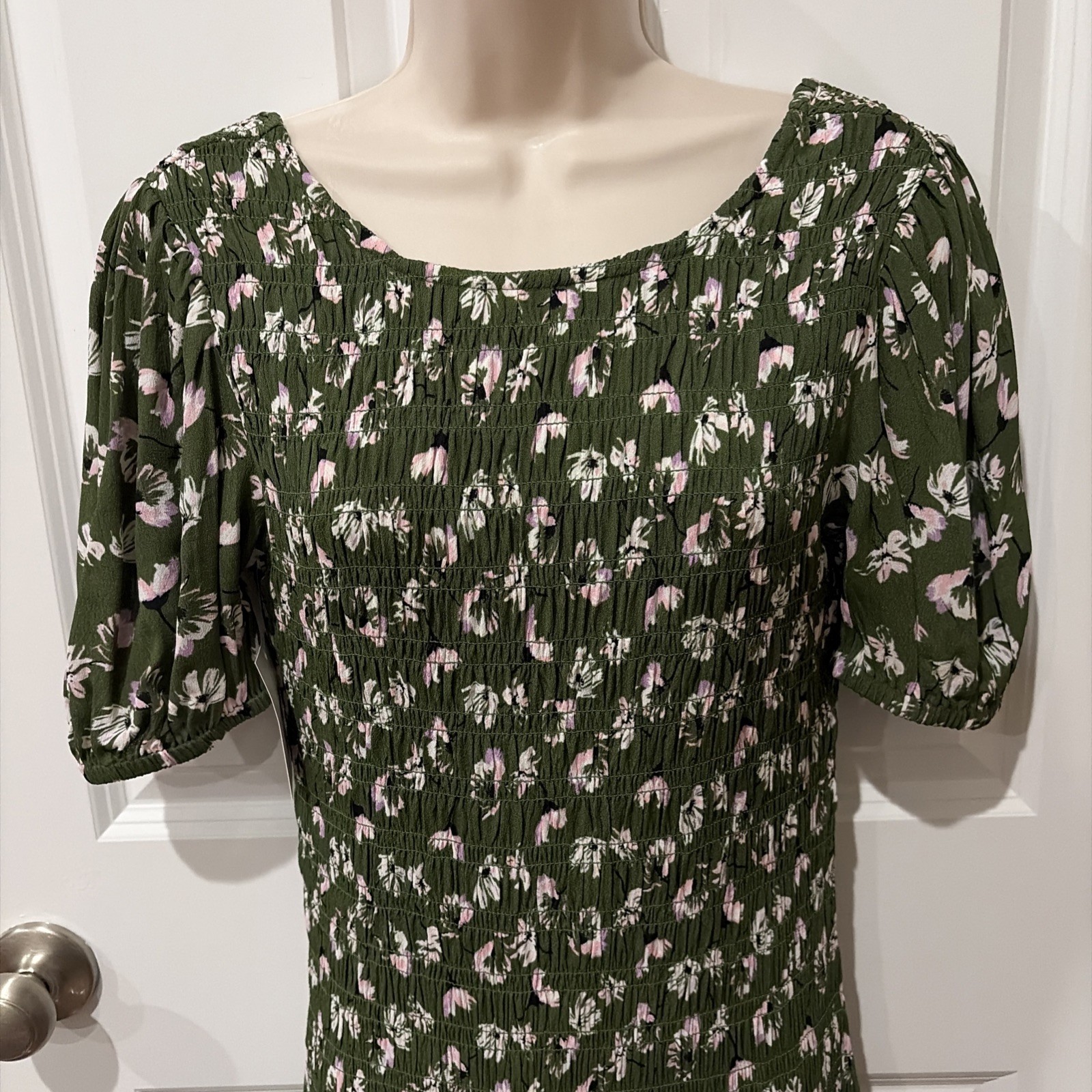 Rue Stiic M Dress Dark Green Pink/White Flowers Puckered Top/Body Flounce