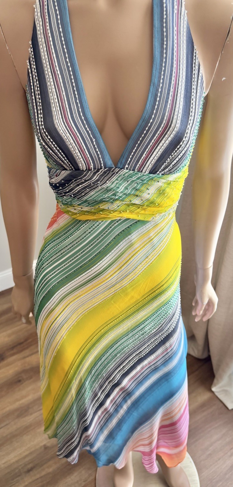BCBGMAXAZRIA Silk Beaded Rainbow Halter Dress Sz 8 Asymmetrical Y2K Vintage Rare