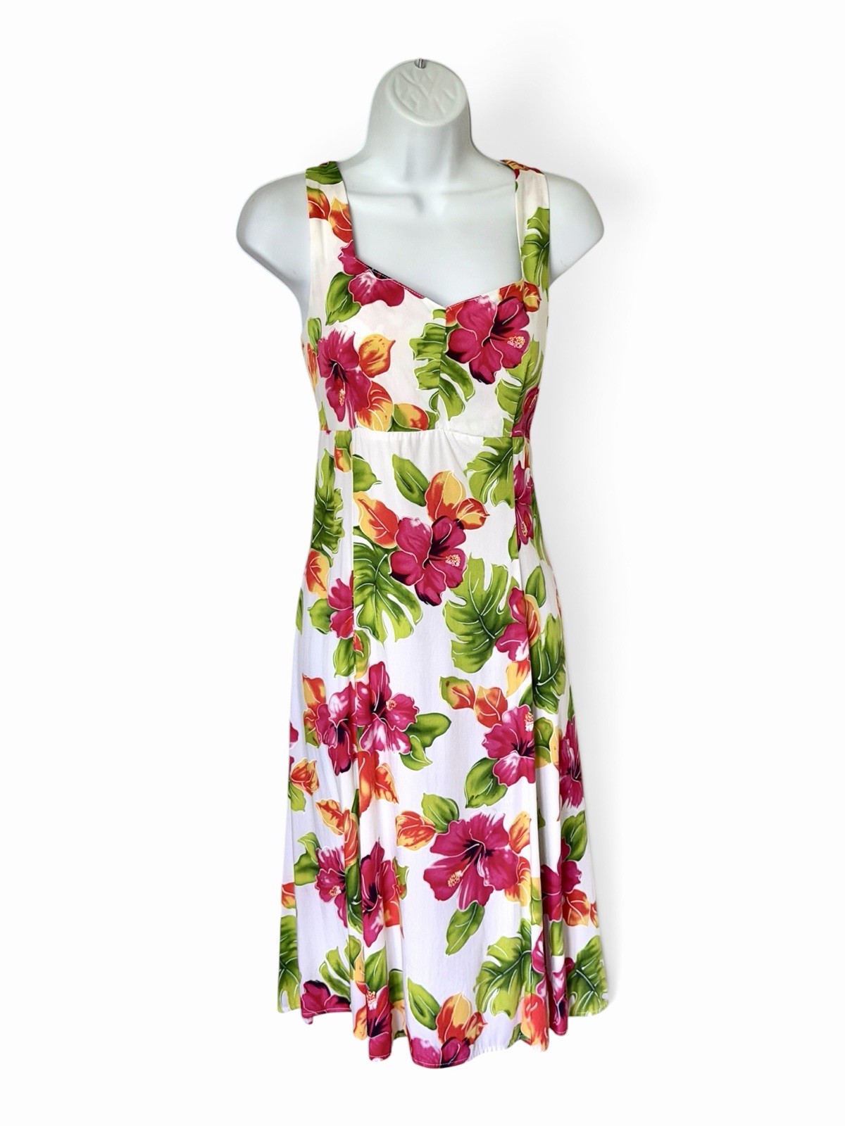 Vtg 90s Two Palms Hawaiian Floral Dress L Aloha Hibiscus Sleeveless Zip USA Made