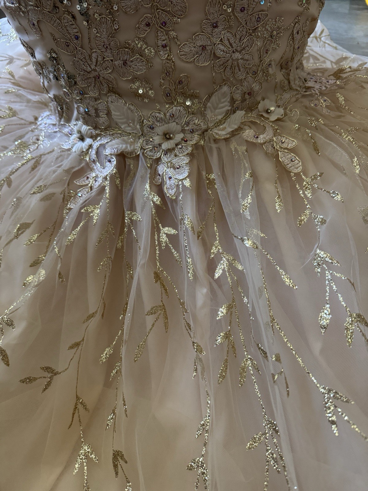 Dancing Queen Ivory/Gold Beaded Sequin Sweetheart Tulle A-Line Short Dress L