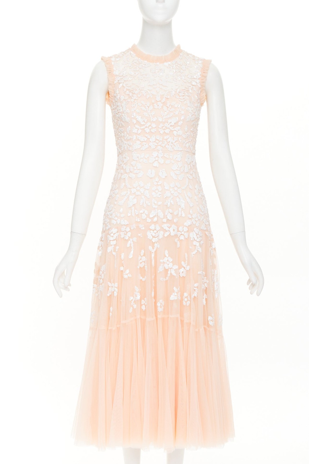 NEEDLE & THREAD Bridal blush pink white sequin ruffle edge midi dress UK8 S