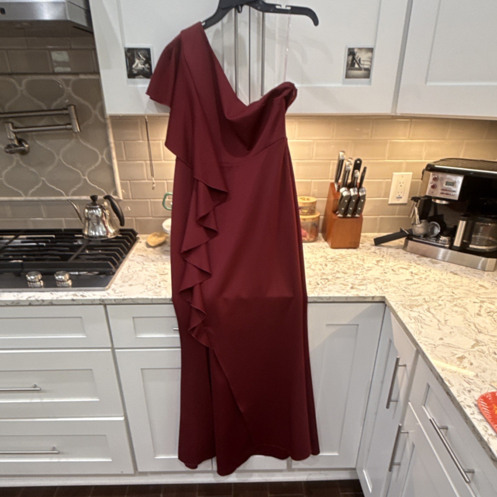 Ababalaya One Shoulder Ruffle Burgundy Solid Maxi Dress Sleeveless Size L