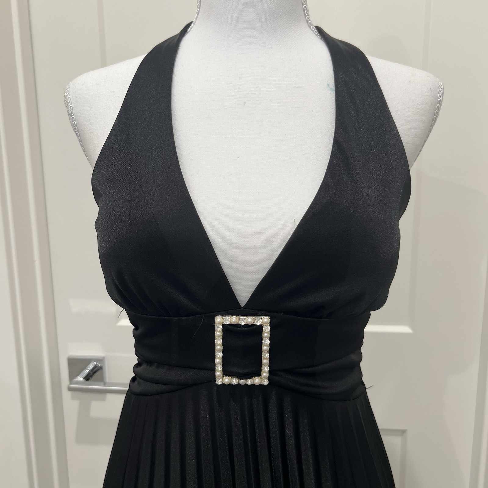 Speechless Y2K Black Satin Pleated Halter Dress Crystal Buckle Size S