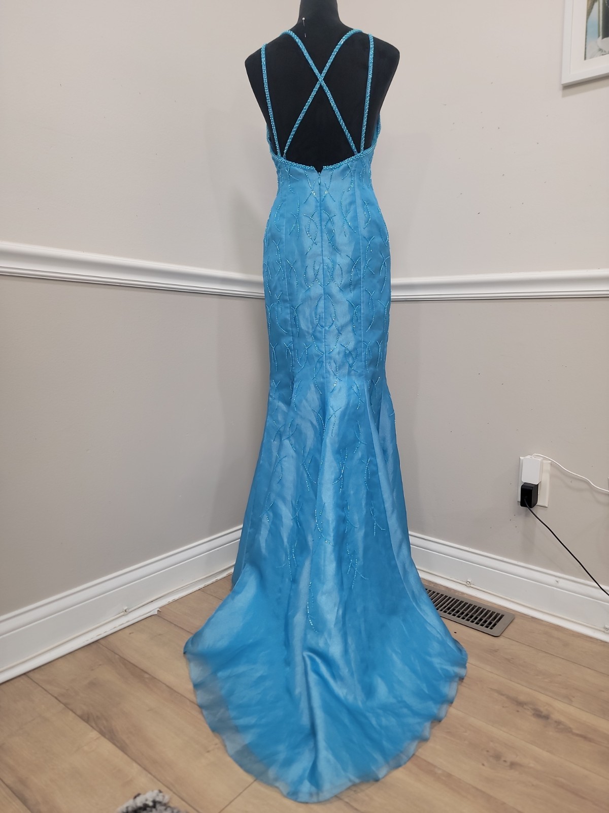 VTG Y2K Alyce Designs Turquoise Beaded Mermaid Prom Evening Gown Size 8