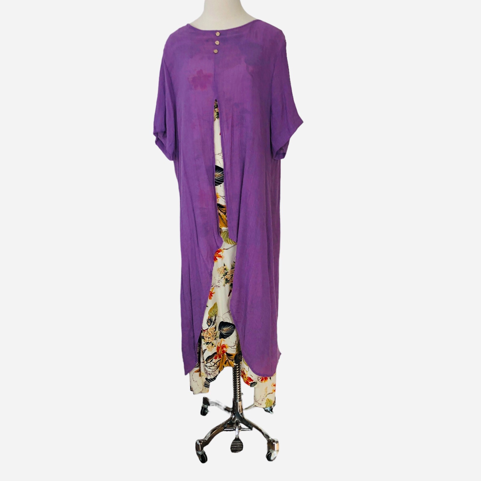 Womens Lagenlook Maxi Dress Size 1XL Purple Ivory Cotton Blend Tropical Layered
