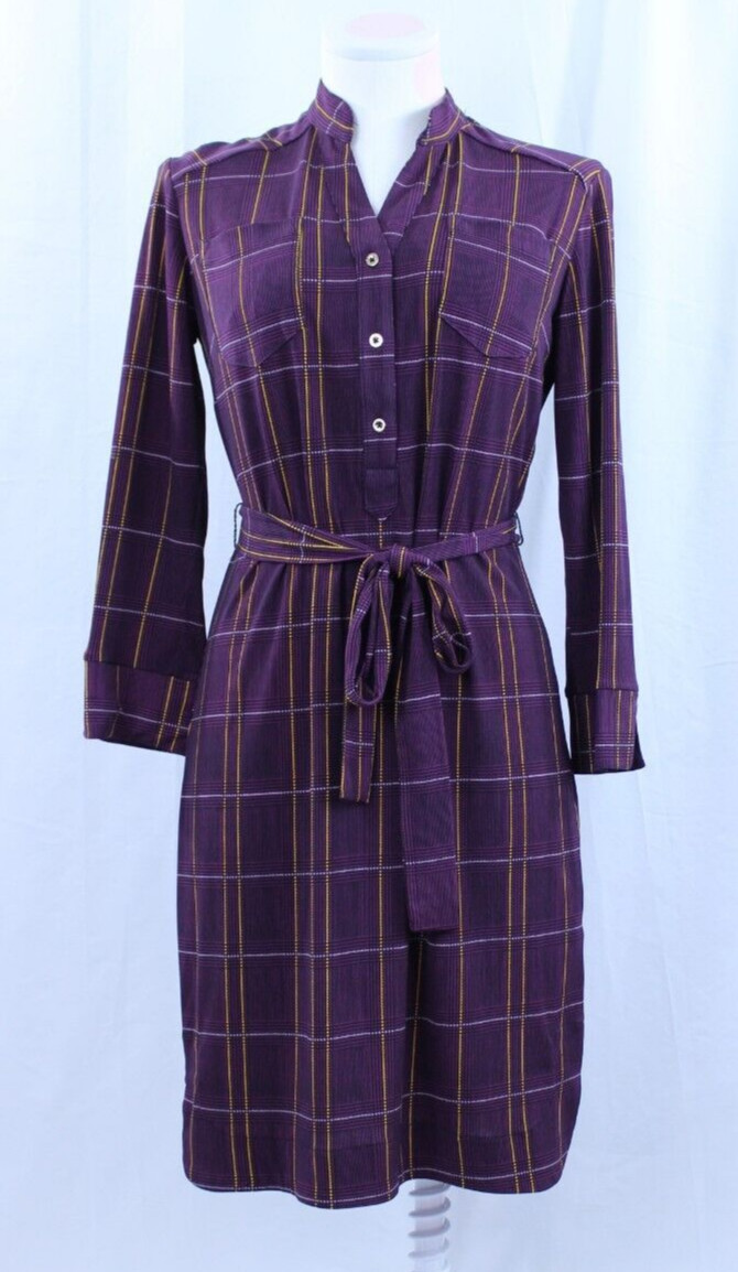 Donna Morgan Dress Purple Yellow Plaid Chest Pockets Waist Tie Buttons Sz 4