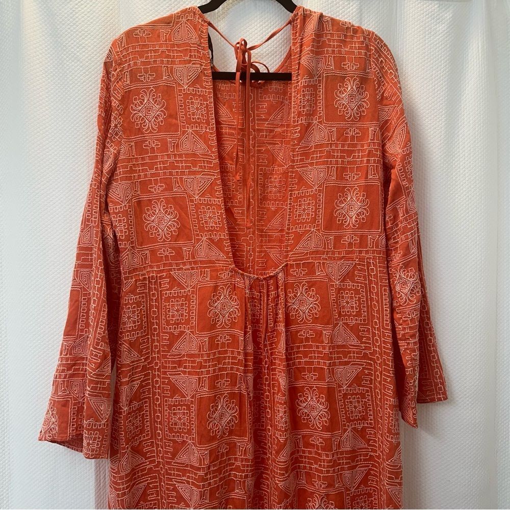 Zara Tunic Maxi Dress All Over Embroidered Pattern Orange Size L