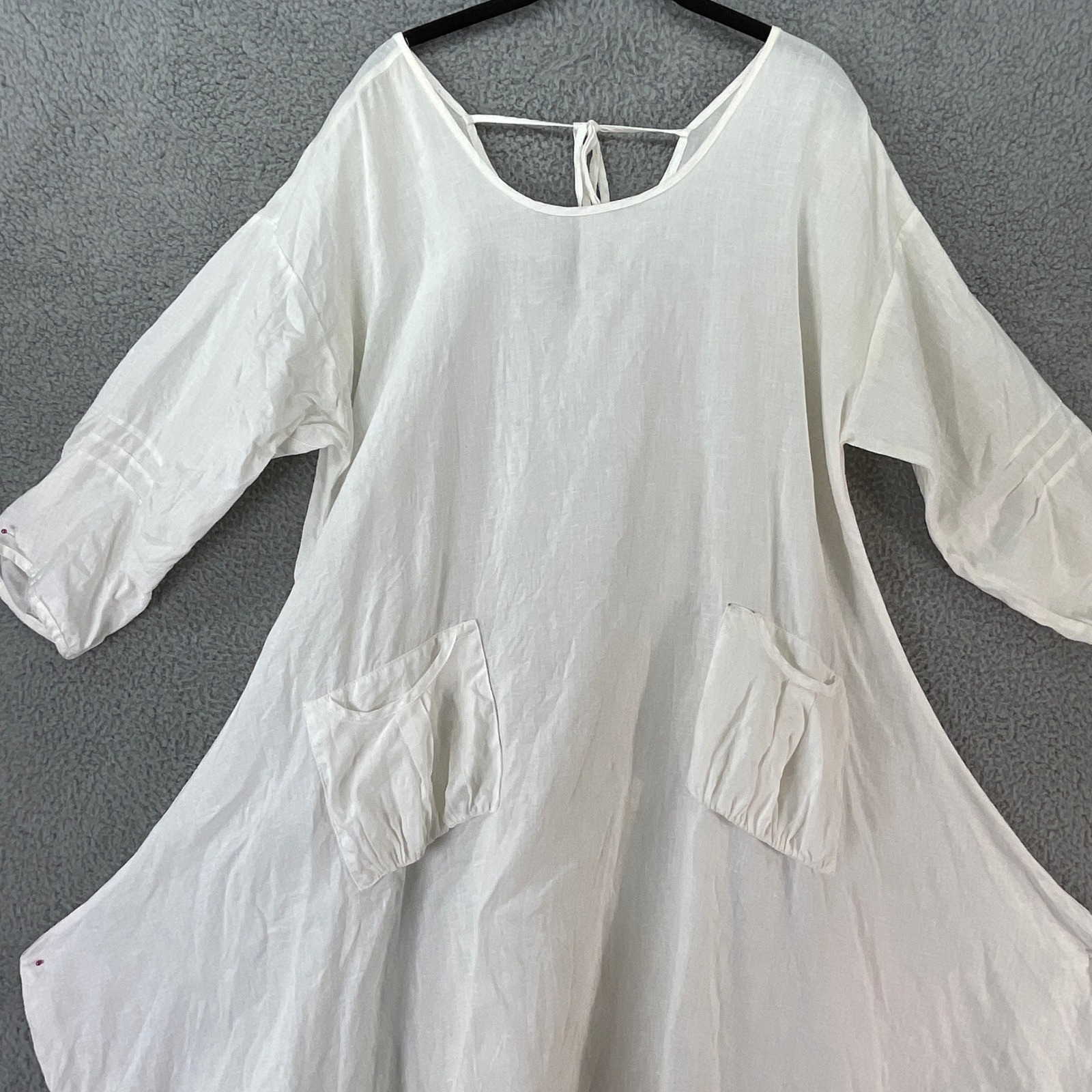 IC Linen Handkerchief Hem Tunic Dress Womens L White Good Lagenlook Pockets Boho