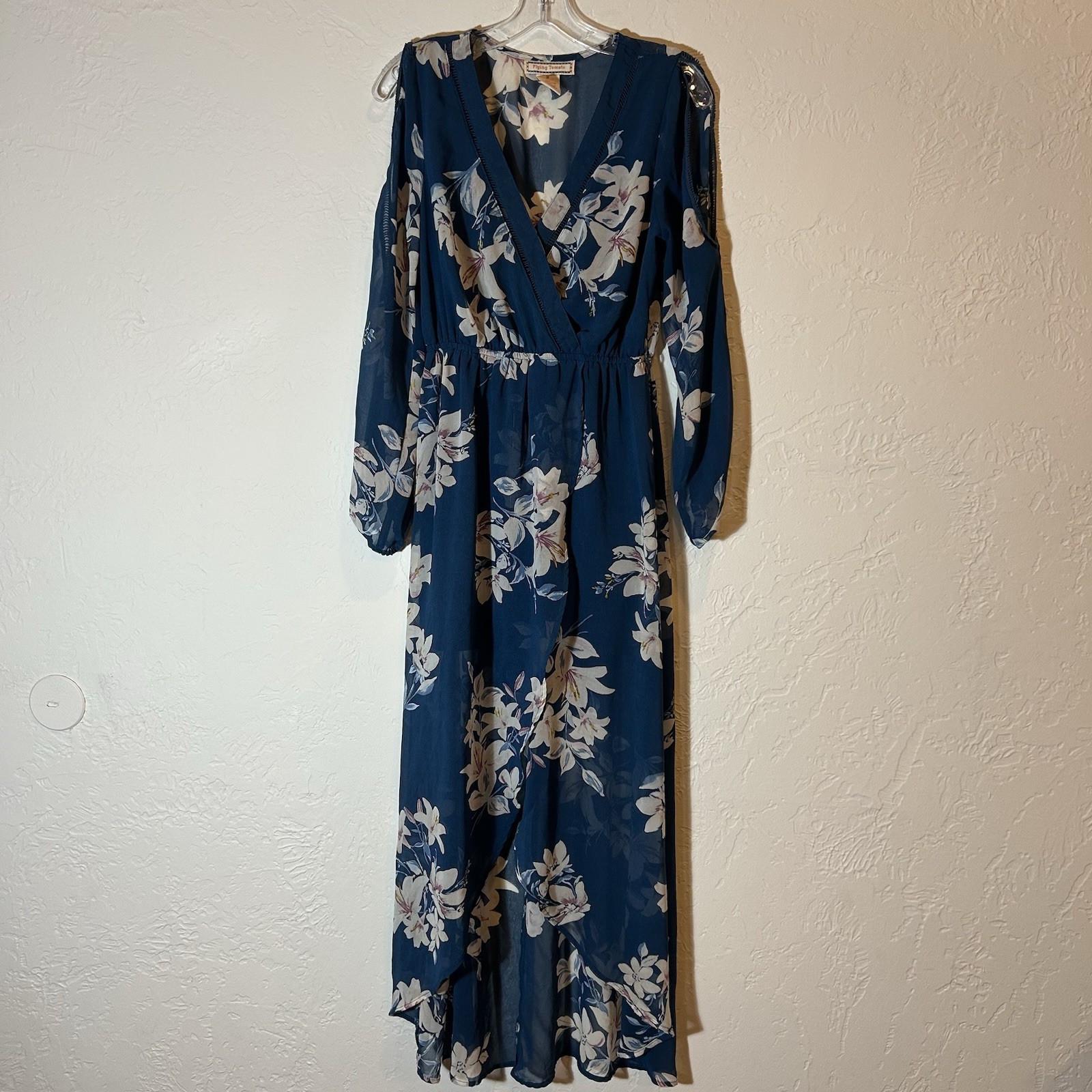 Flying Tomato Floral Maxi Dress Women M Navy Cold Shoulder Boho Sheer Lined
