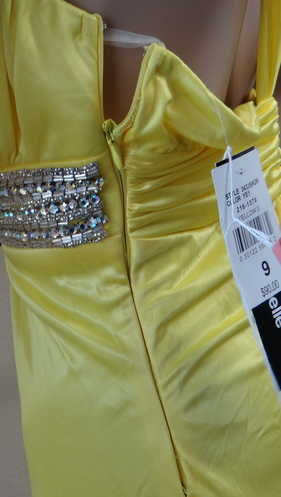 NEW W DEFECT MY MICHELLE wide strap yellow bead sweep train prom dress,jr 5,9