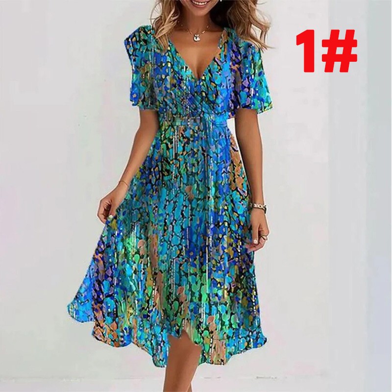 Women PLUS SIZE Boho V-Neck Wrap Floral Print Summer Ladies Holiday Long Dress