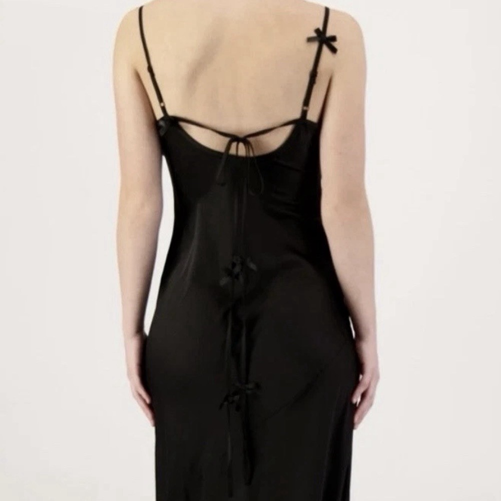Crystal Doll Black Satin Maxi Slip Dress Bow Straps Size L Party Prom NWT $120