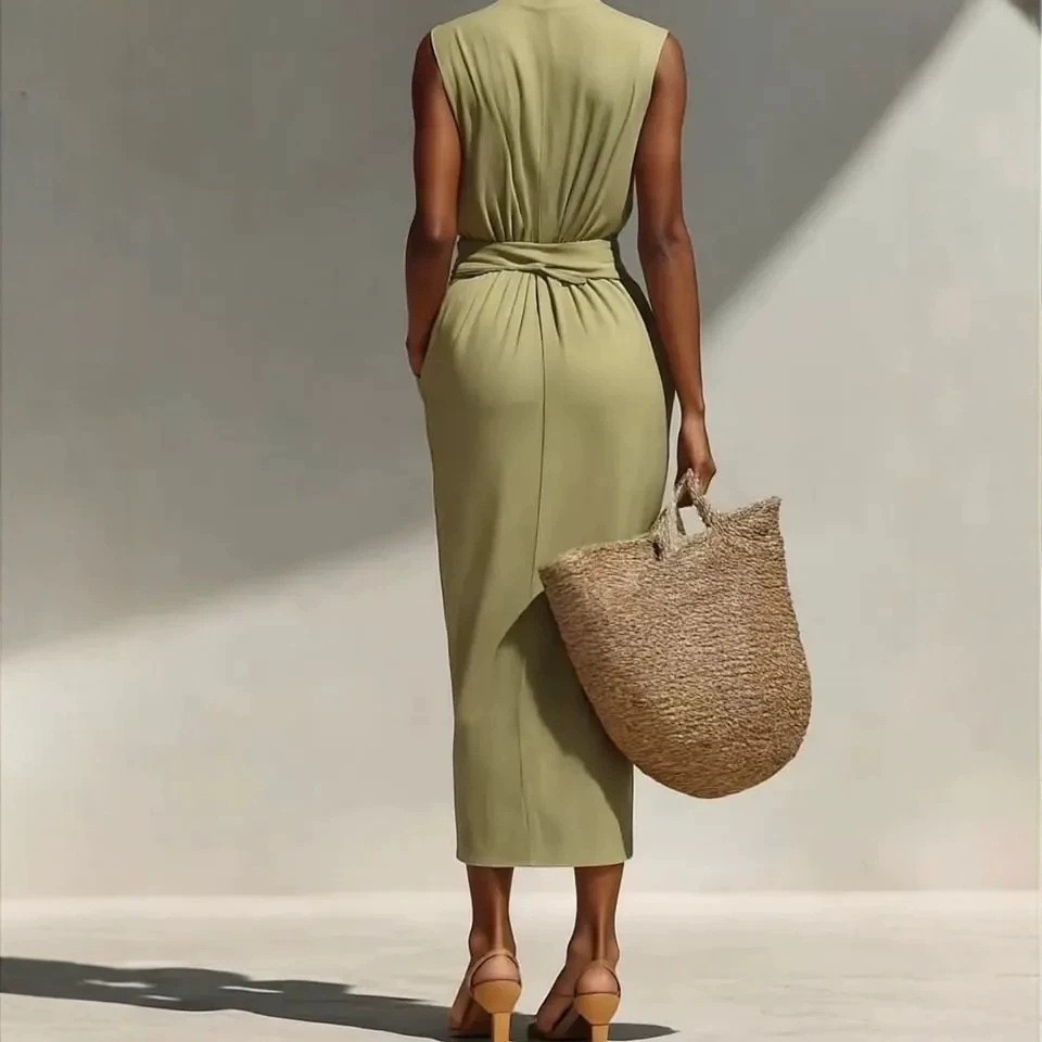 Solid-color Sleeveless Cotton-linen Feel Midi Dress