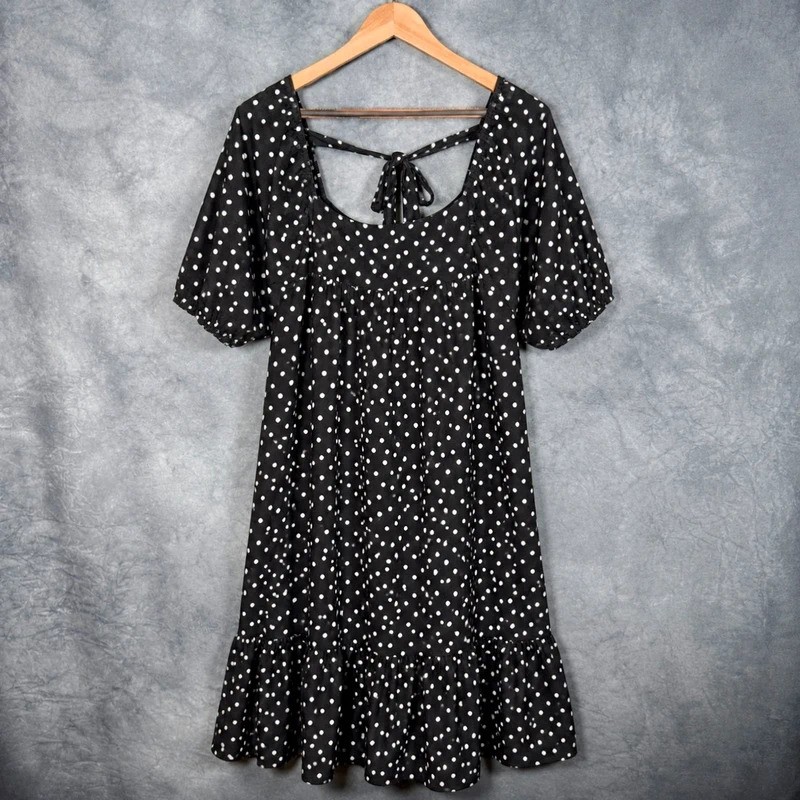 Peacocks Women UK18 Black White Polka Dot Smock Summer Dress Puff Sleeve New