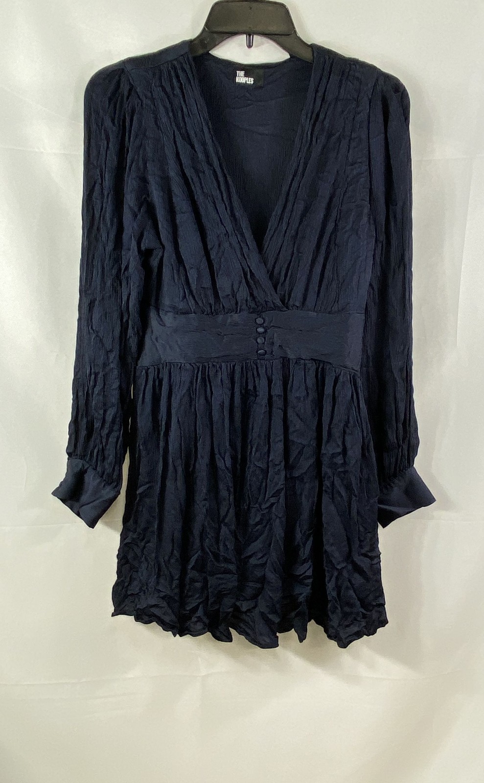 The Kooples Women’s Navy Crinkle Long Sleeve V-Neck Button Waist Dress Sz 3