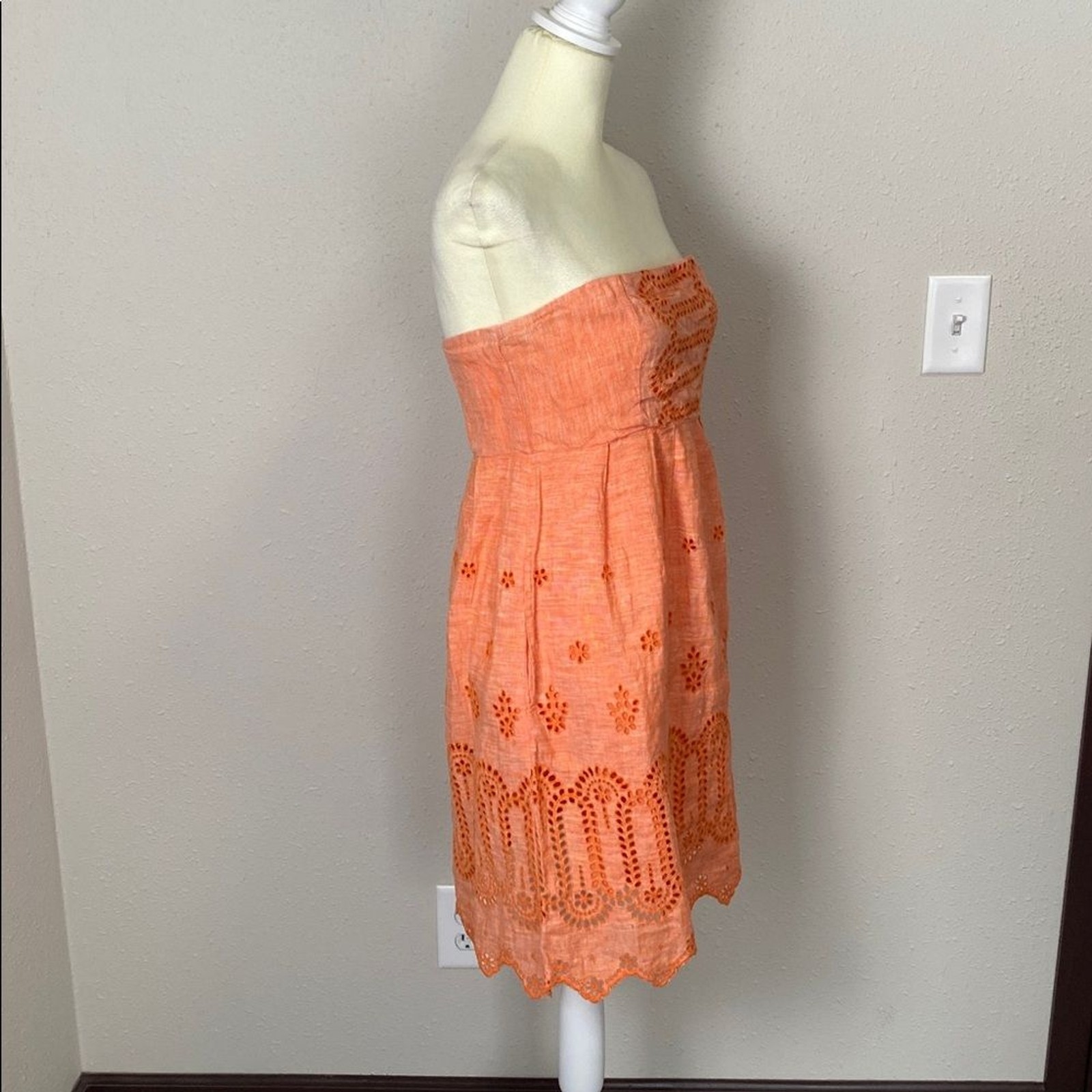 Lands’ End Canvas 1963 Strapless 100% Linen Eyelet Dress Size 10 Orange