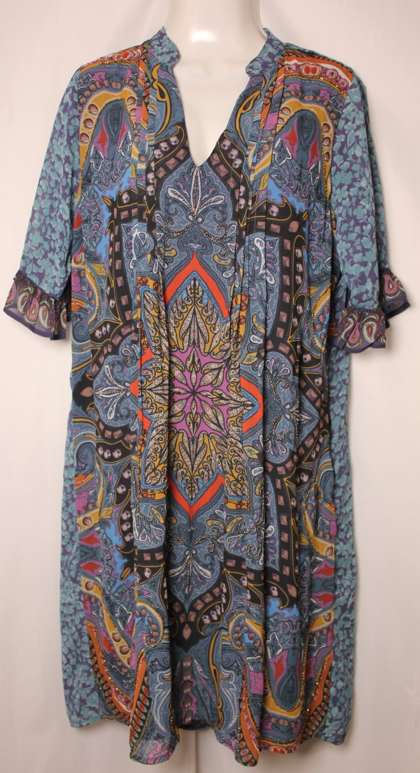 NIZA Spain Blue Paisley Shift Dress Beaded Bohemian Ruffle Sleeve Tunic Size 10