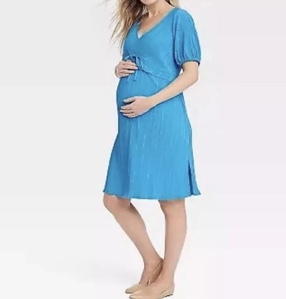 Women’s Ingrid & Isabel Blue Plisse Short Sleeve Maternity Dress S Retail $32
