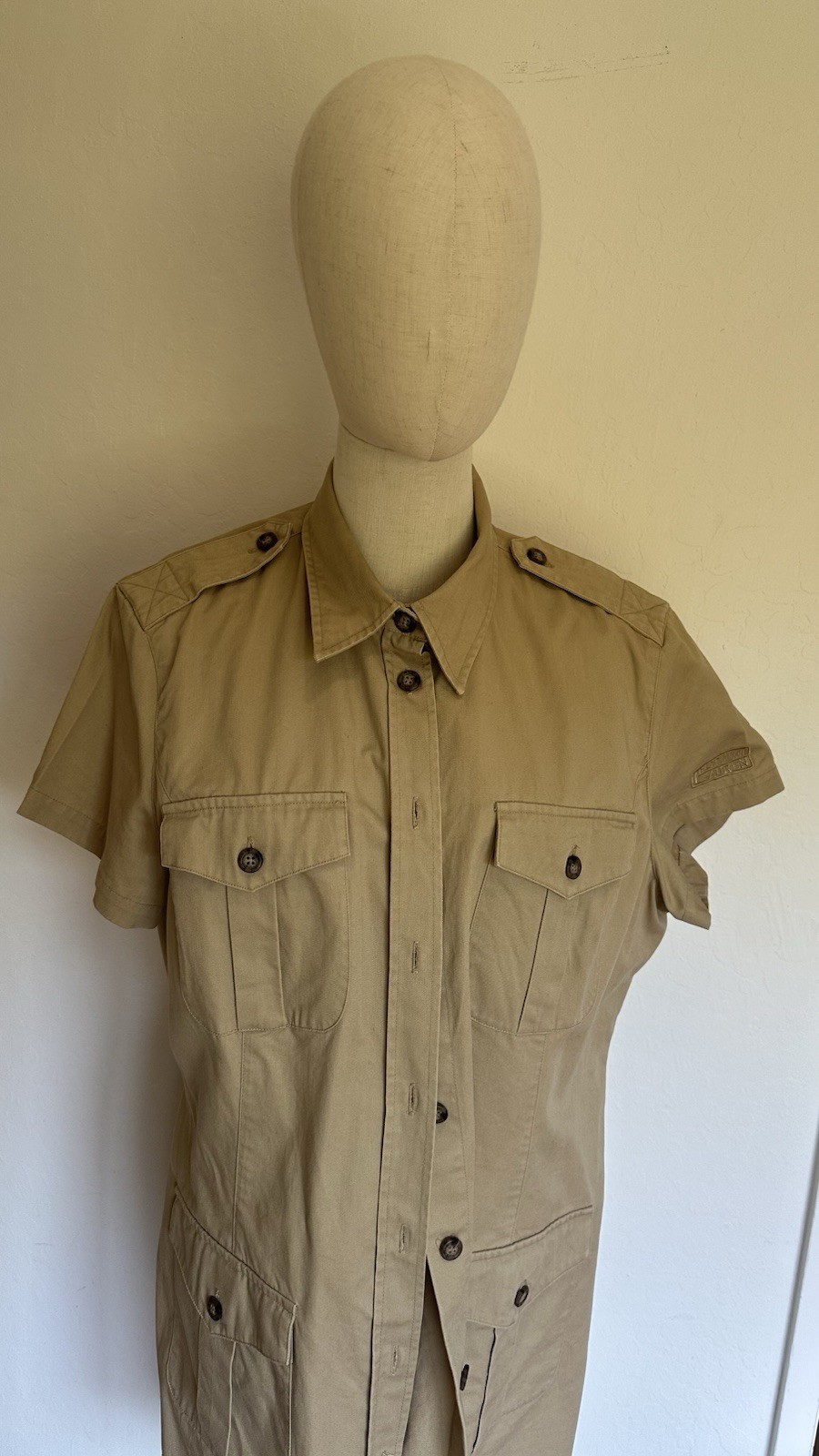 Ralph Lauren safari-style utility dress Size 14 Tan 100 Cotton Made In Hong Kong