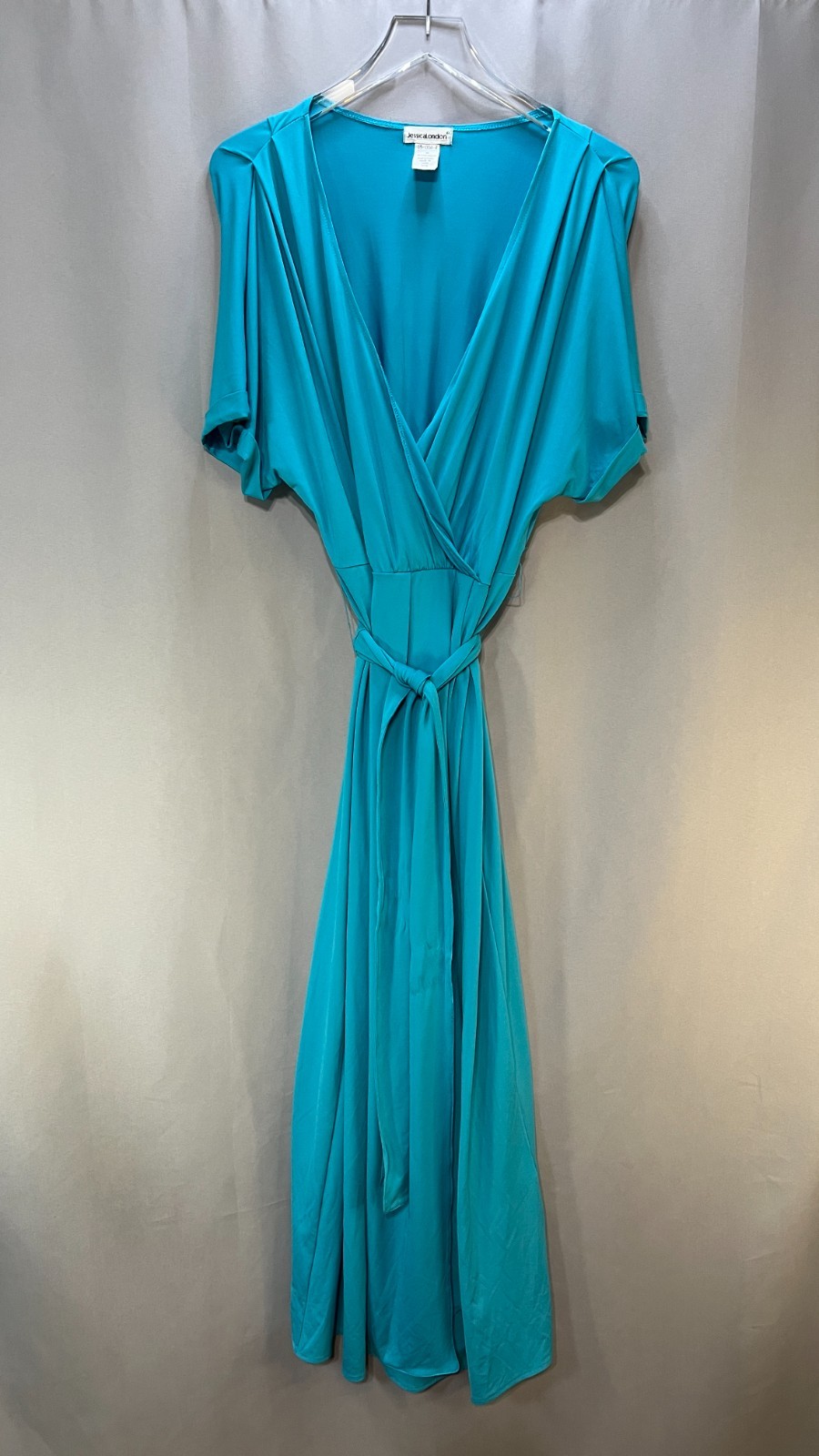 Jessica London Maxi Dress Womens 18 Blue Pleated Belted Cocktail Surplice Neck