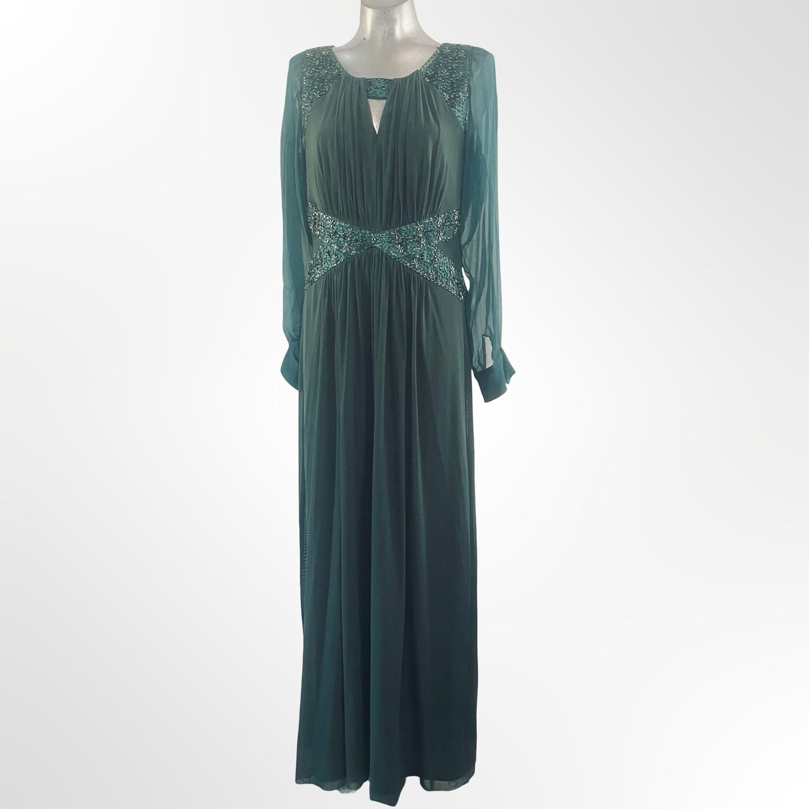 Decode 1.8 Forest Green Chiffon Embellished Long Sleeve Evening Gown