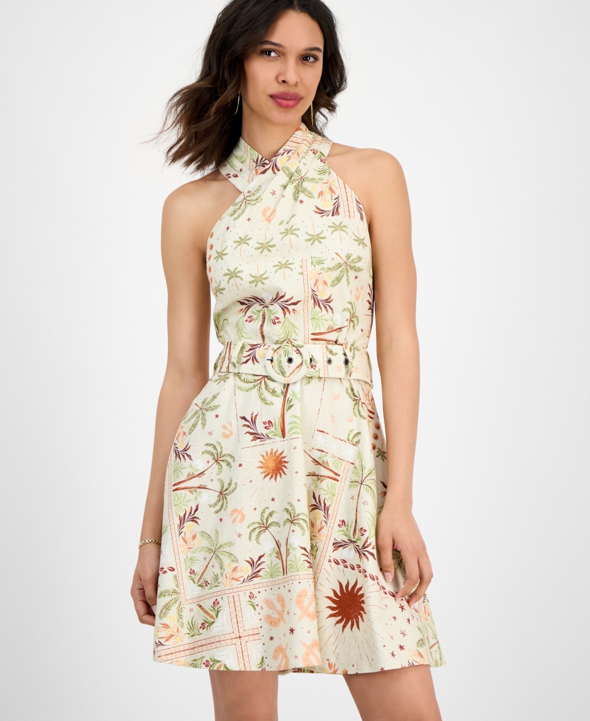 RACHEL Rachel Roy Linen Blend Joanna Belted A-Line Dress Women’s 14 Palm Print