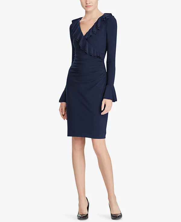 LAUREN Ralph Lauren Ruffled Bell Sleeve Surplice Knee-Length Sheath Dress, 2P