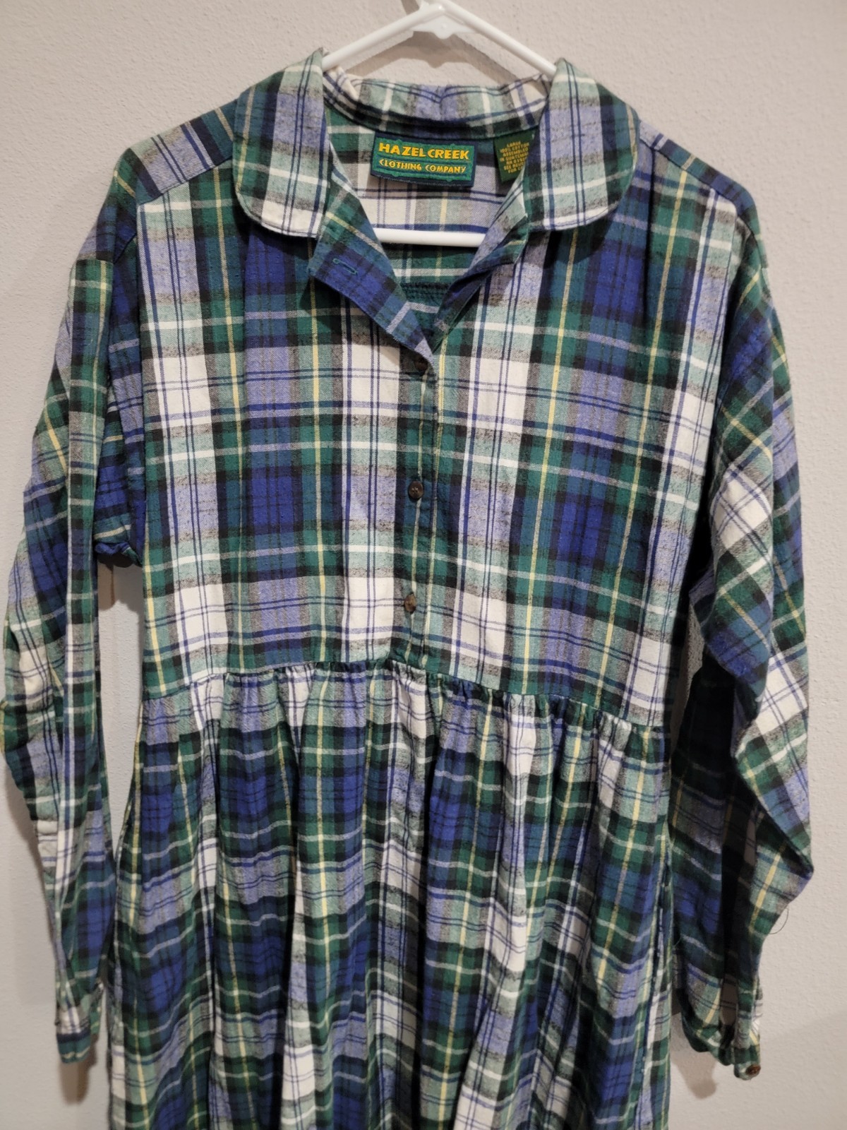VTG 90s Hazel Creek Plaid Flannel Maxi Dress L Cotton Grunge Cottagecore Green