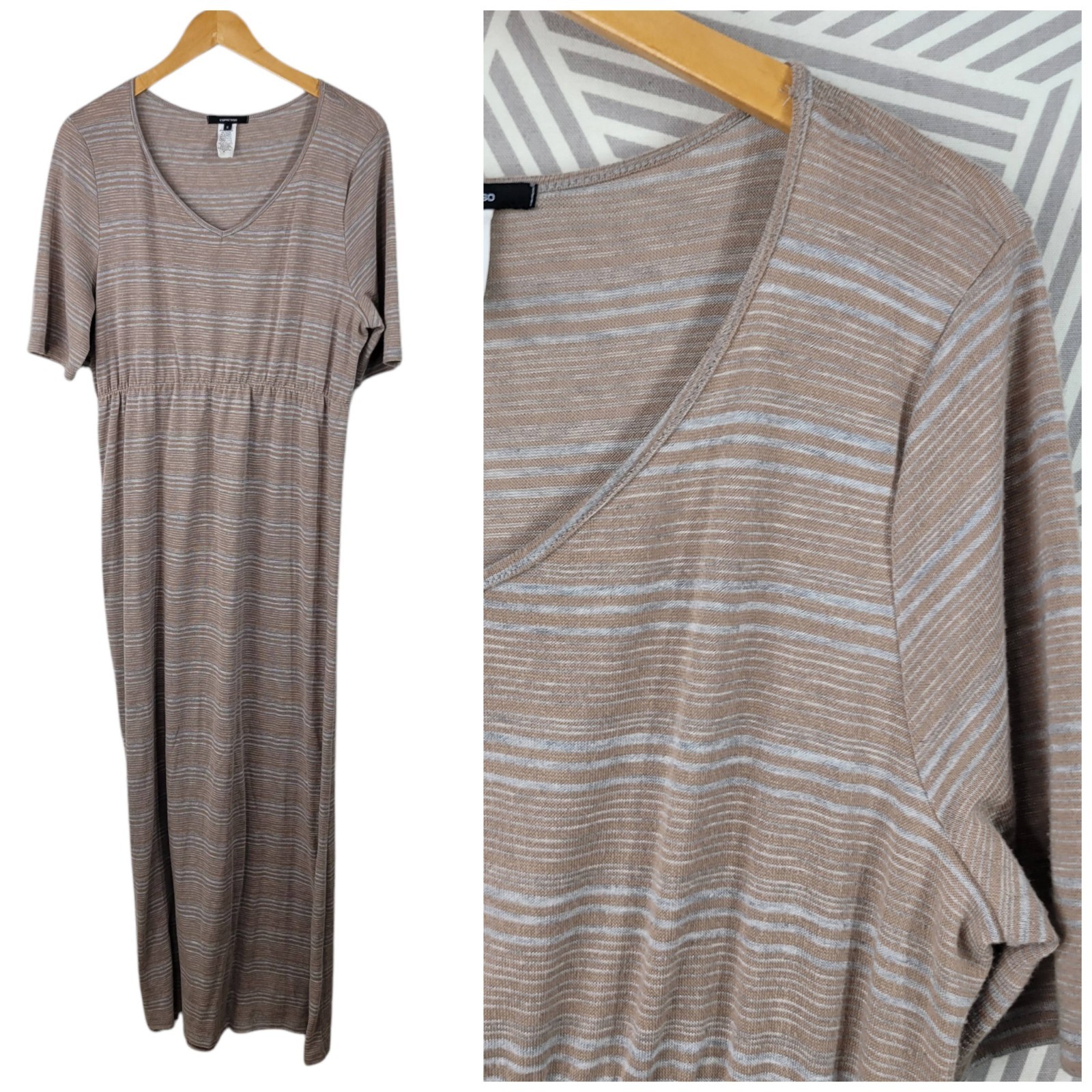 Espresso Shirt Dress Maxi sundress XL long swim cover up beach Stripe Tan Grey