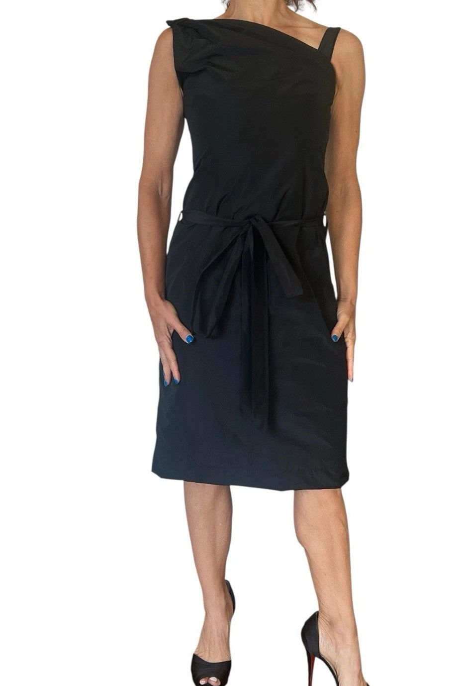PAUW AMSTERDAM Dress Black Tafetta Belted Sheath Asymmetrical Sleeveless 2