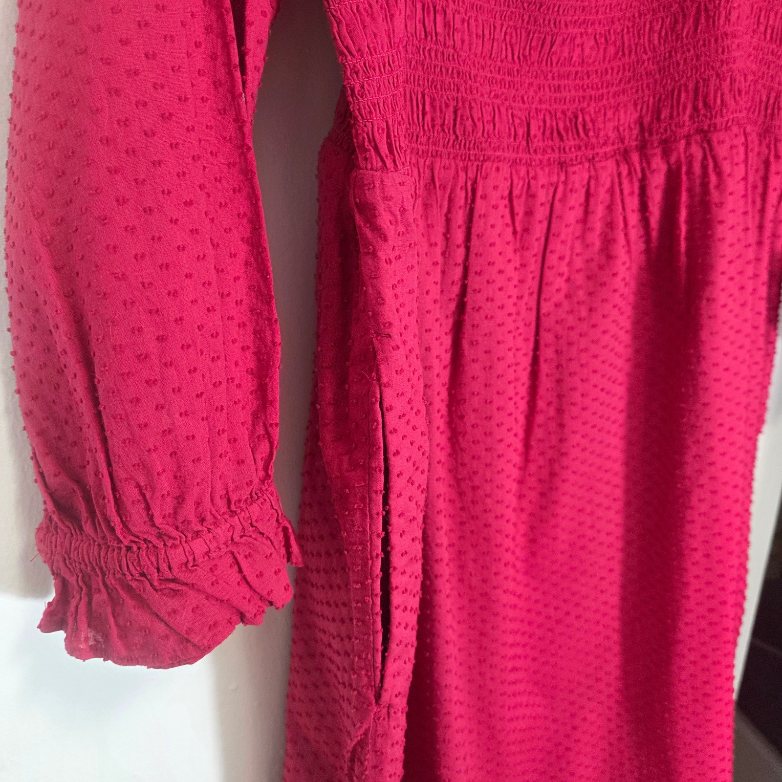 J. Crew Smocked Clip Dot Long Puff Sleeve Mini Dress Red Raspberry Size L