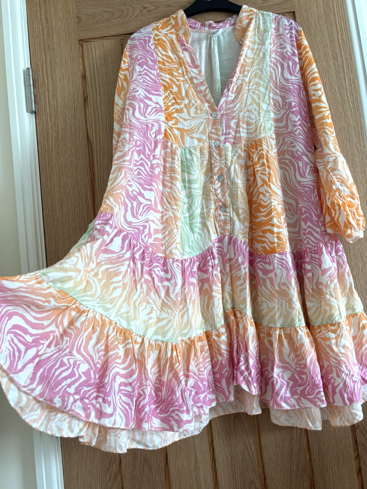 Made in Italy White, Orange, Pink & Green Print Short Smock Dress, approx 14-16