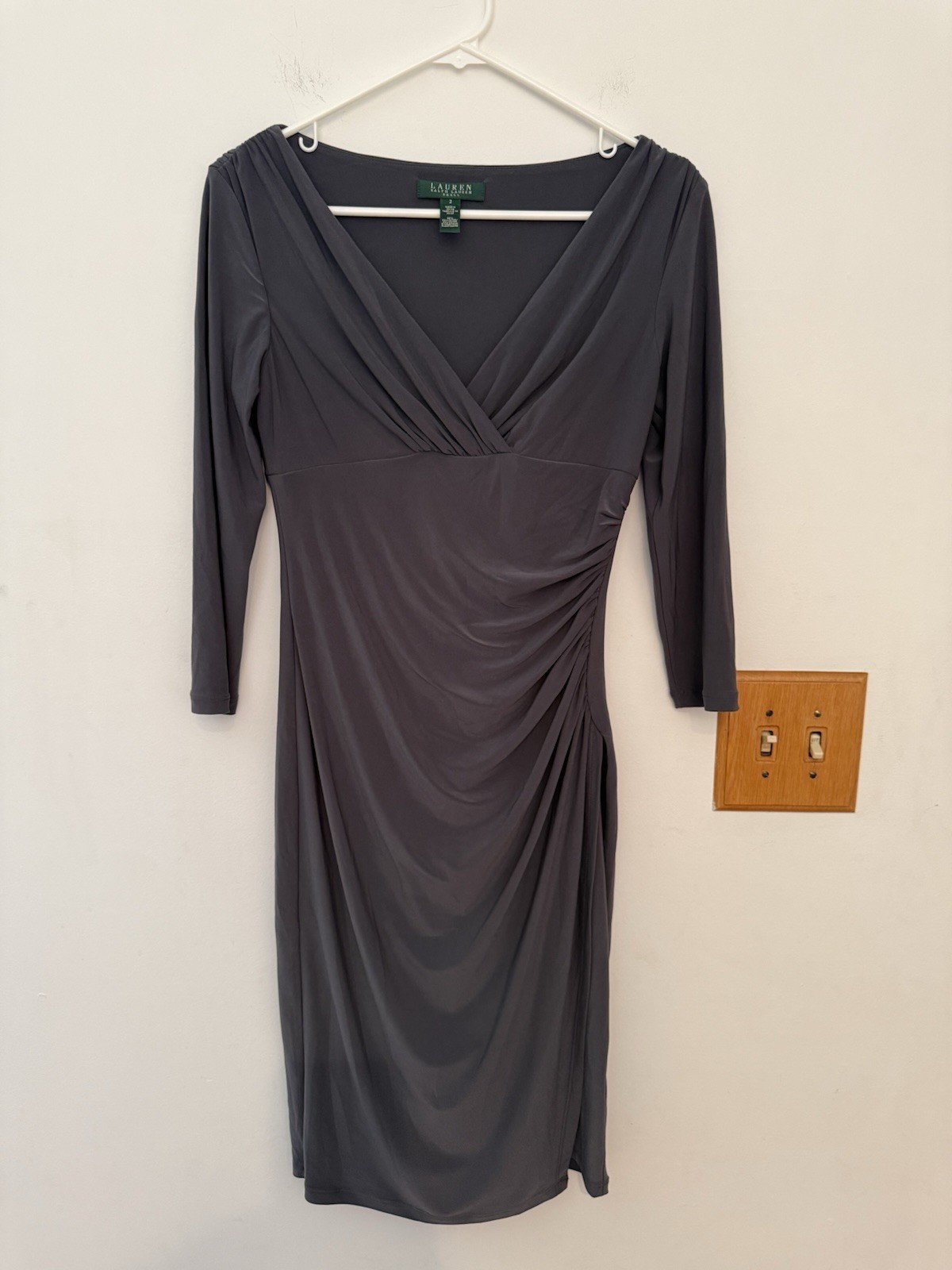 Lauren Ralph Lauren Purple Jersey Sheath Dress Sz 2 Boat Neck 3/4 Sleeve Ruched