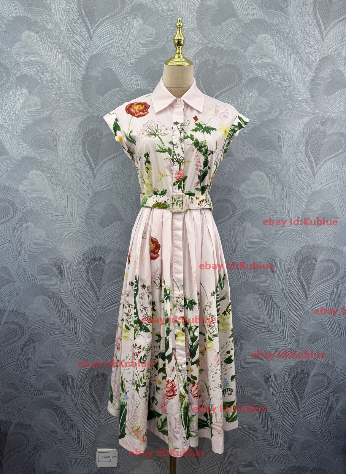 pink cotton flower printed grace maxi shirt dress belt silm waisted women 2026
