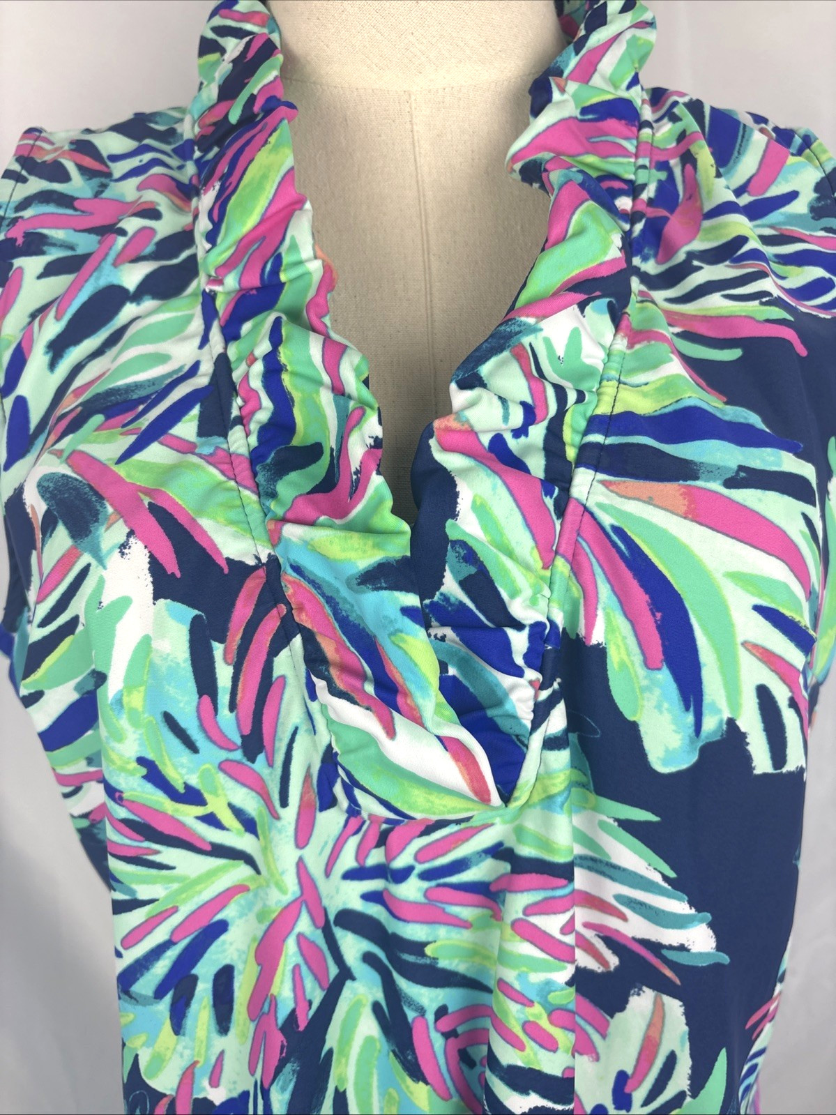 Aryeh Dress Ruffle Neck Size XL Knee Length Sleeveless Dress Multicolor V Neck