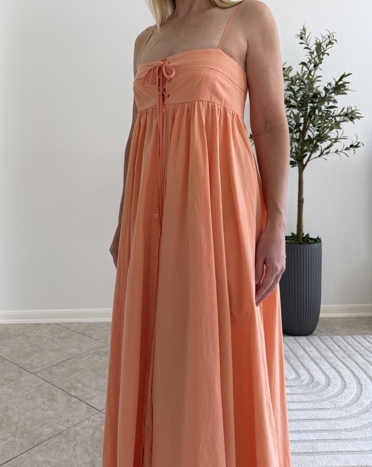 Stitchdrop Coral Orange Lace Up Smocked Maxi Dress Women’s S Cottagecore
