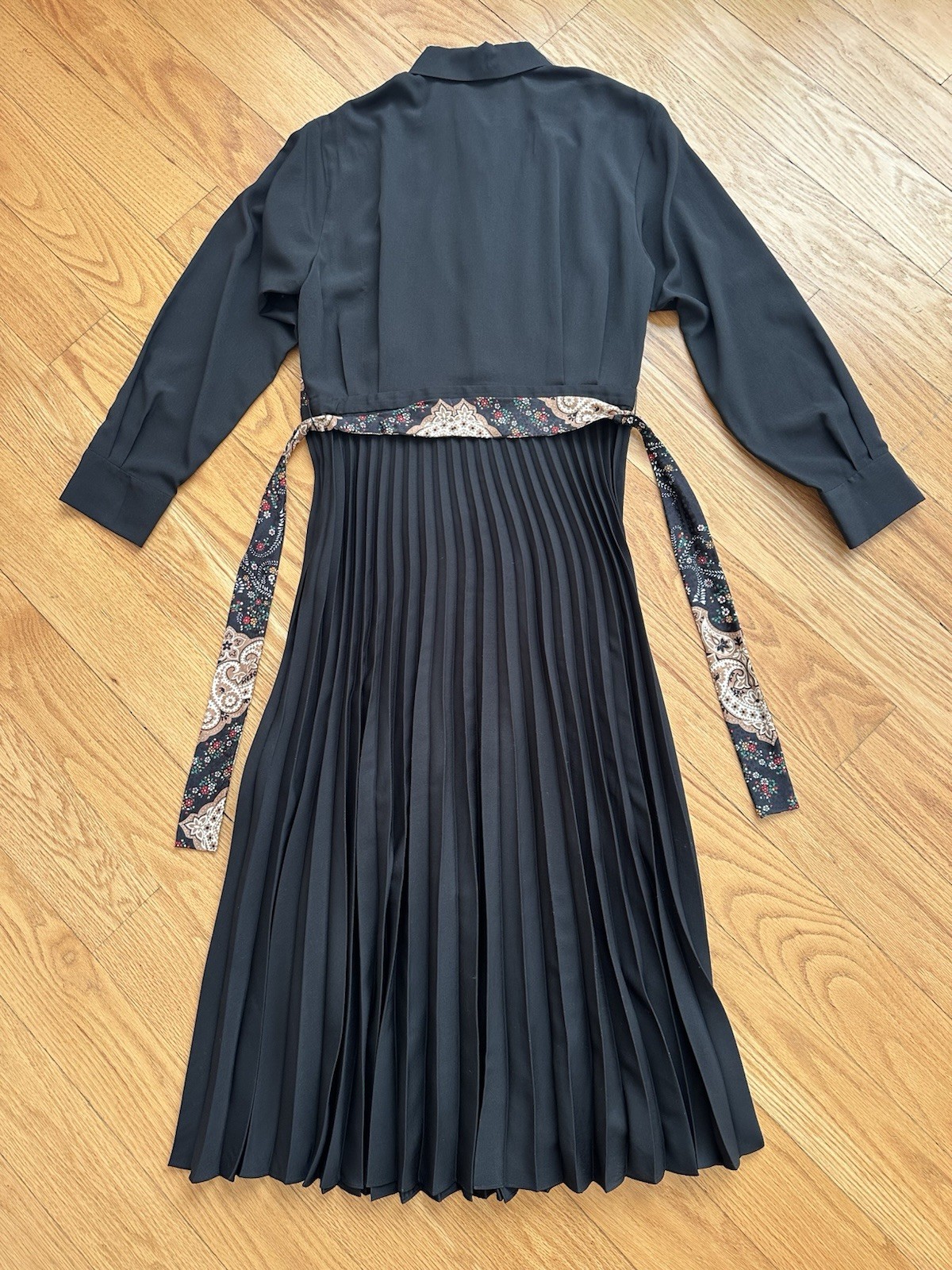 Sandro Paris Pleated Button Front Midi Dress Belted Black Size 42 EU/10 US