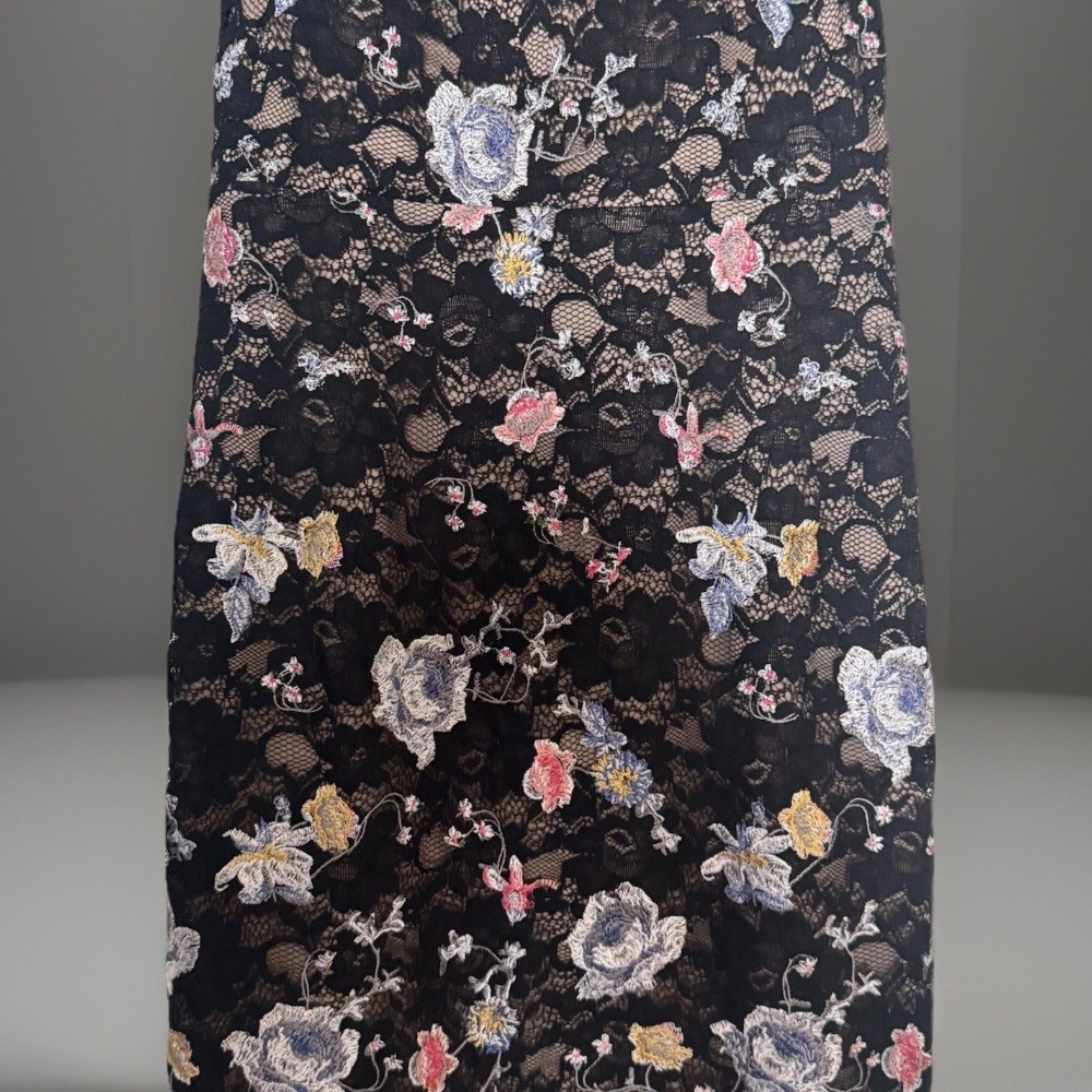 BCBGMaxazria Black Lace Bodycon Dress | Diame |Floral Embroidery | Dark Romance