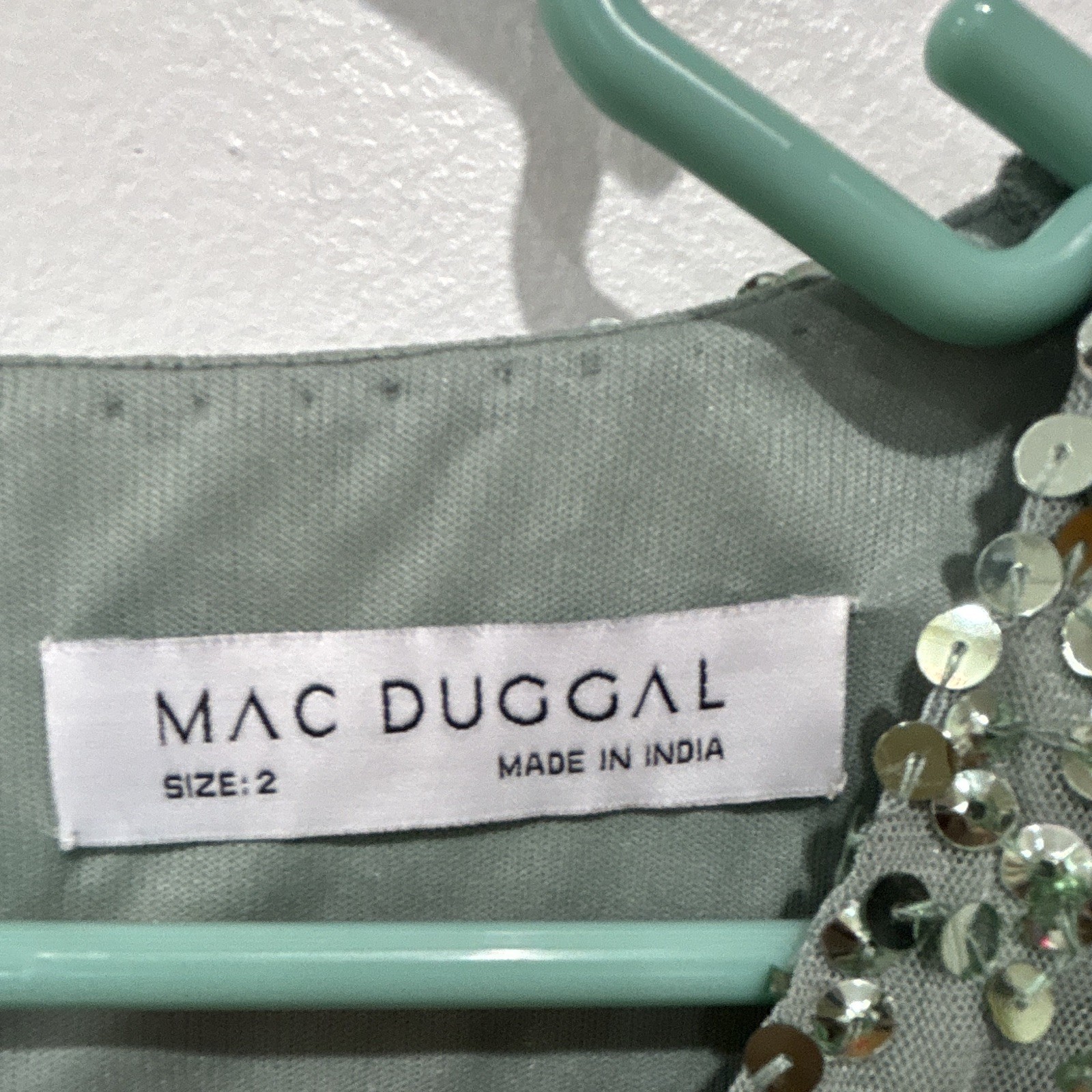 Mac Duggal 2 Green Sequin Mesh A-Line Midi Dress V-Neck Flutter Sleeve Zip