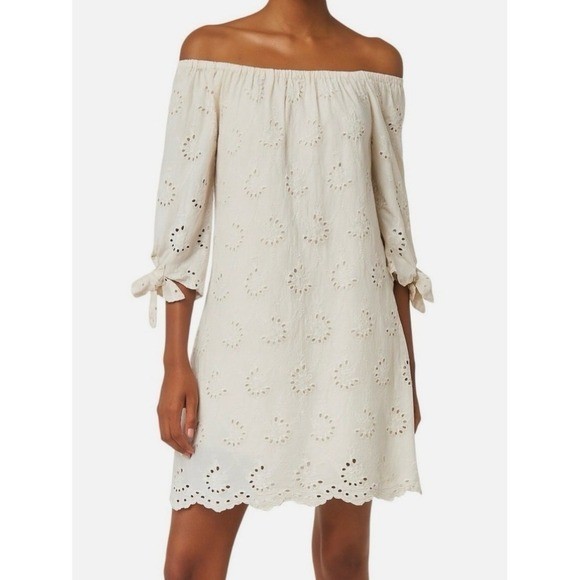 NWT VALENTINA NALDI Off Shoulder Eyelet Cream Cotton Dress L Euro Summer Coastal