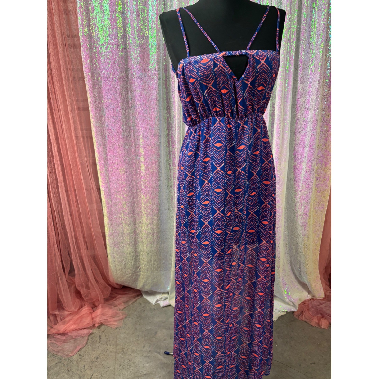 Dee Elle Blue Coral Tribal Geometric Cutout Maxi Dress Womens Size Small Boho